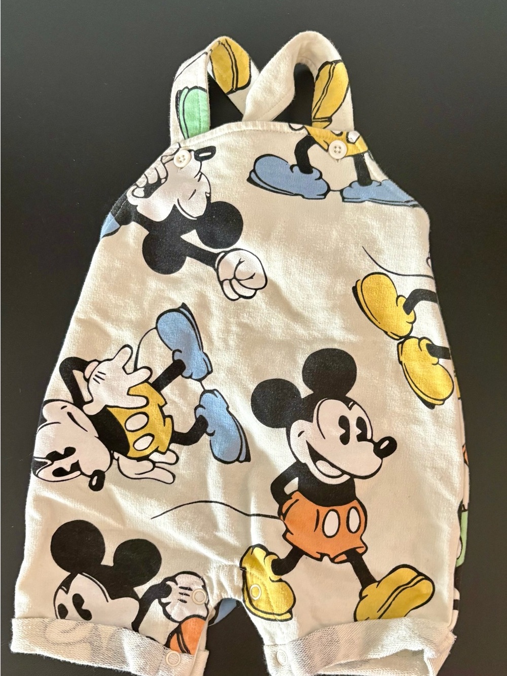 Disney Mickey Mouse Allover Print Romper in White, Yellow & Blue